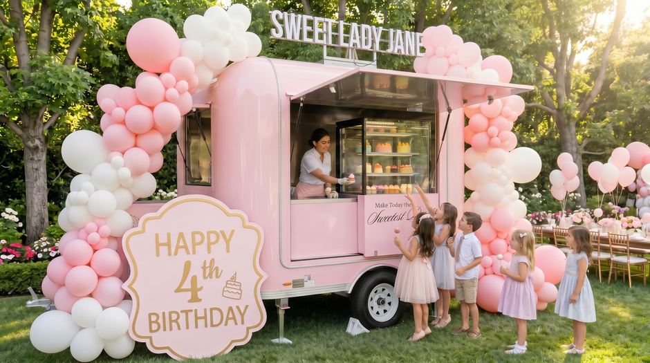 Pink birthday party truck with children and balloons in a park setting